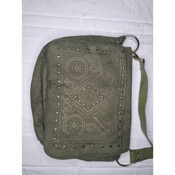 Marlo Olive Suede Studded Shoulder Bag Crossbody — Web Strap Boho - Picture 1 of 6